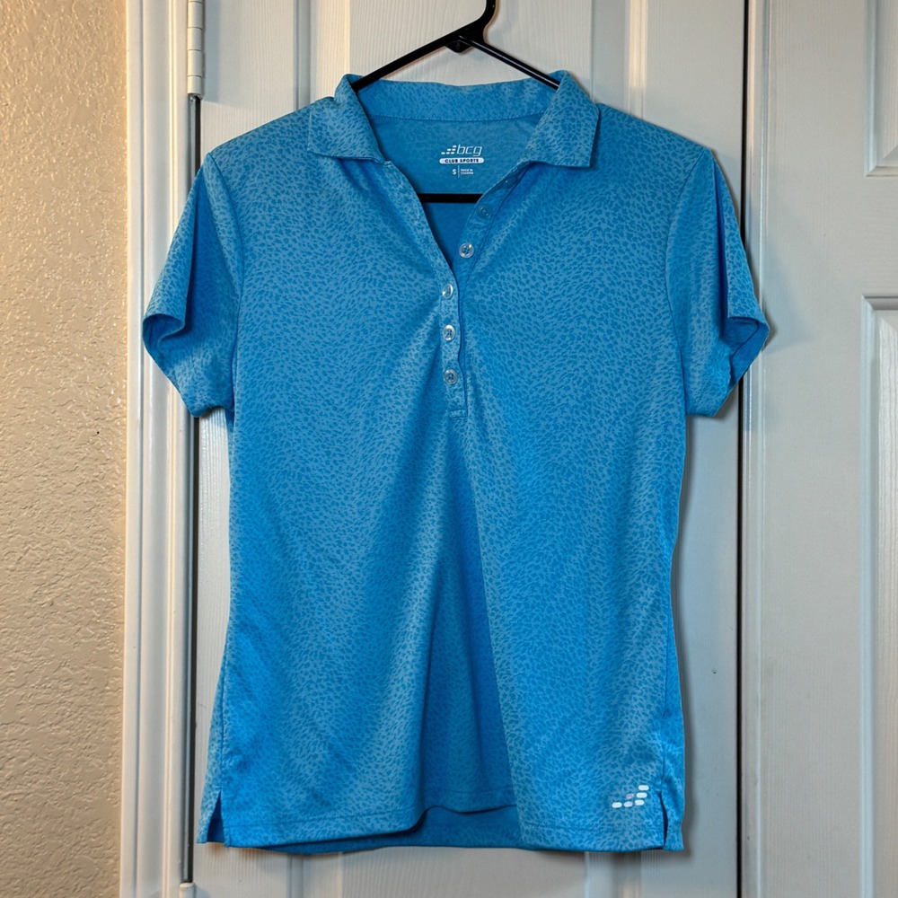 Women's Tennis Blue Textured Leopard BCG Club Sports Polo Turquoise Small UPF50‎